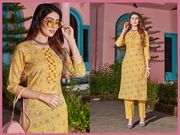 Mustard Yellow Cotton Kurti Pant Set for Women - Yellow