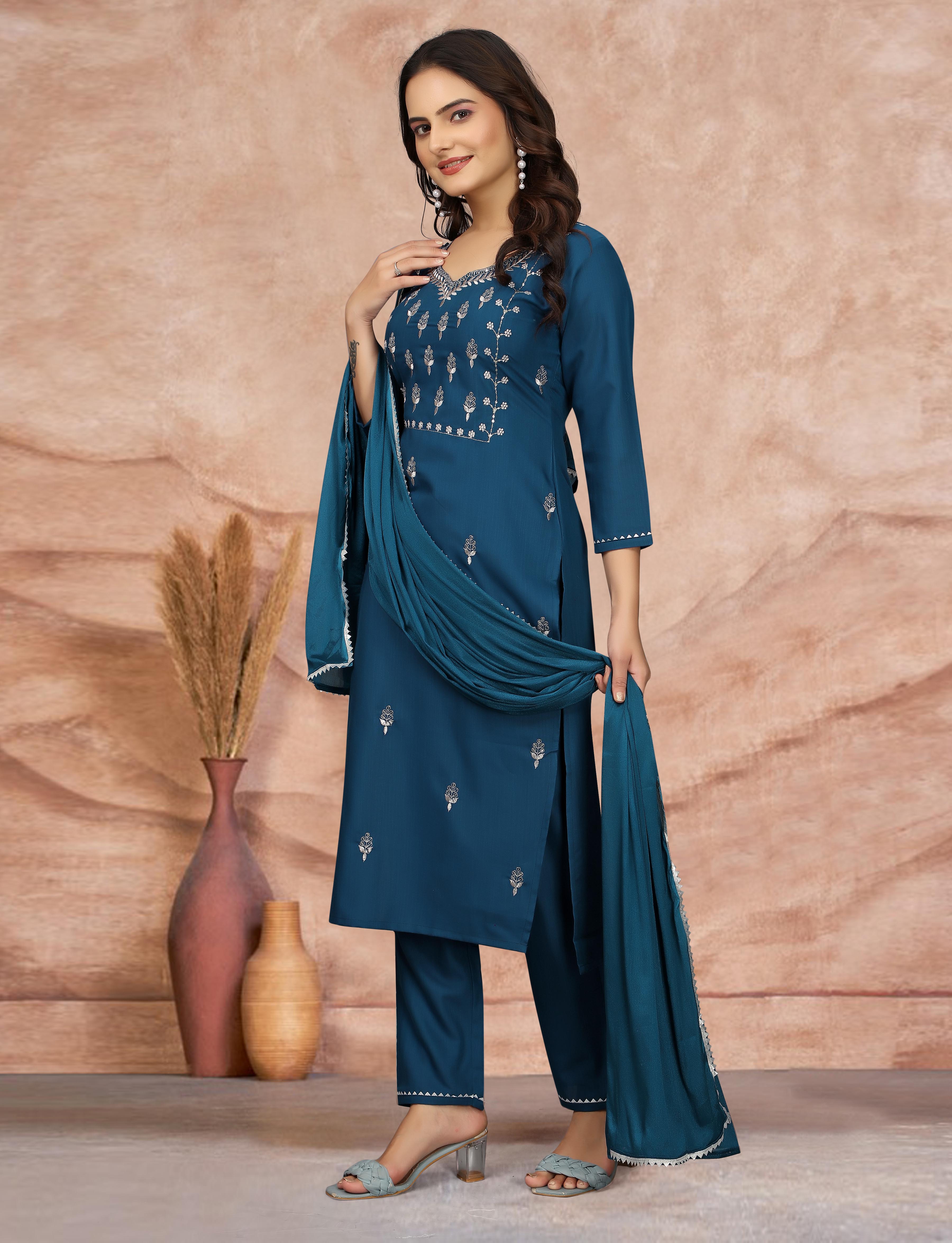 Elegant Teal Embroidered Kurta Pant Dupatta Set