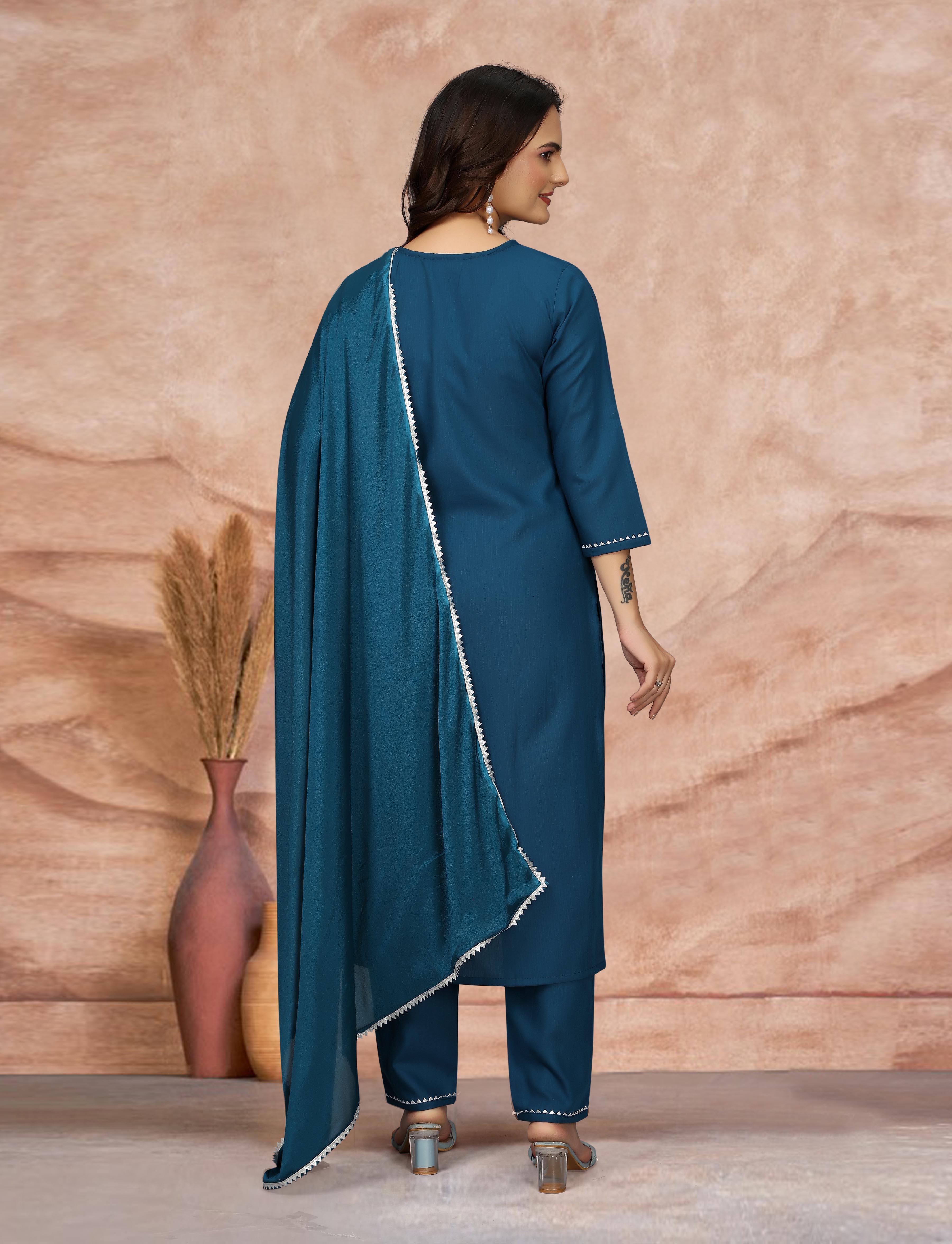 Elegant Teal Embroidered Kurta Pant Dupatta Set
