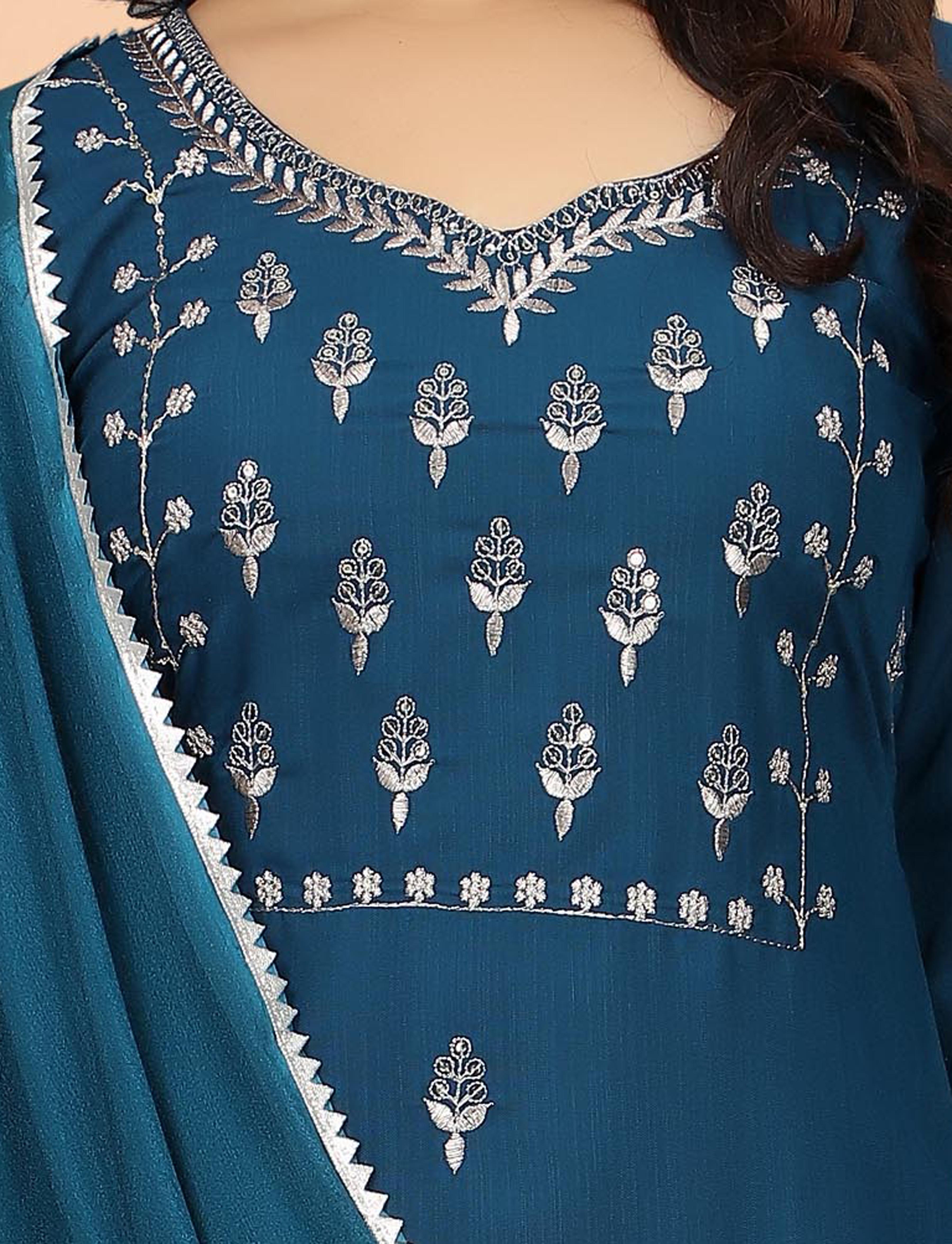 Elegant Teal Embroidered Kurta Pant Dupatta Set