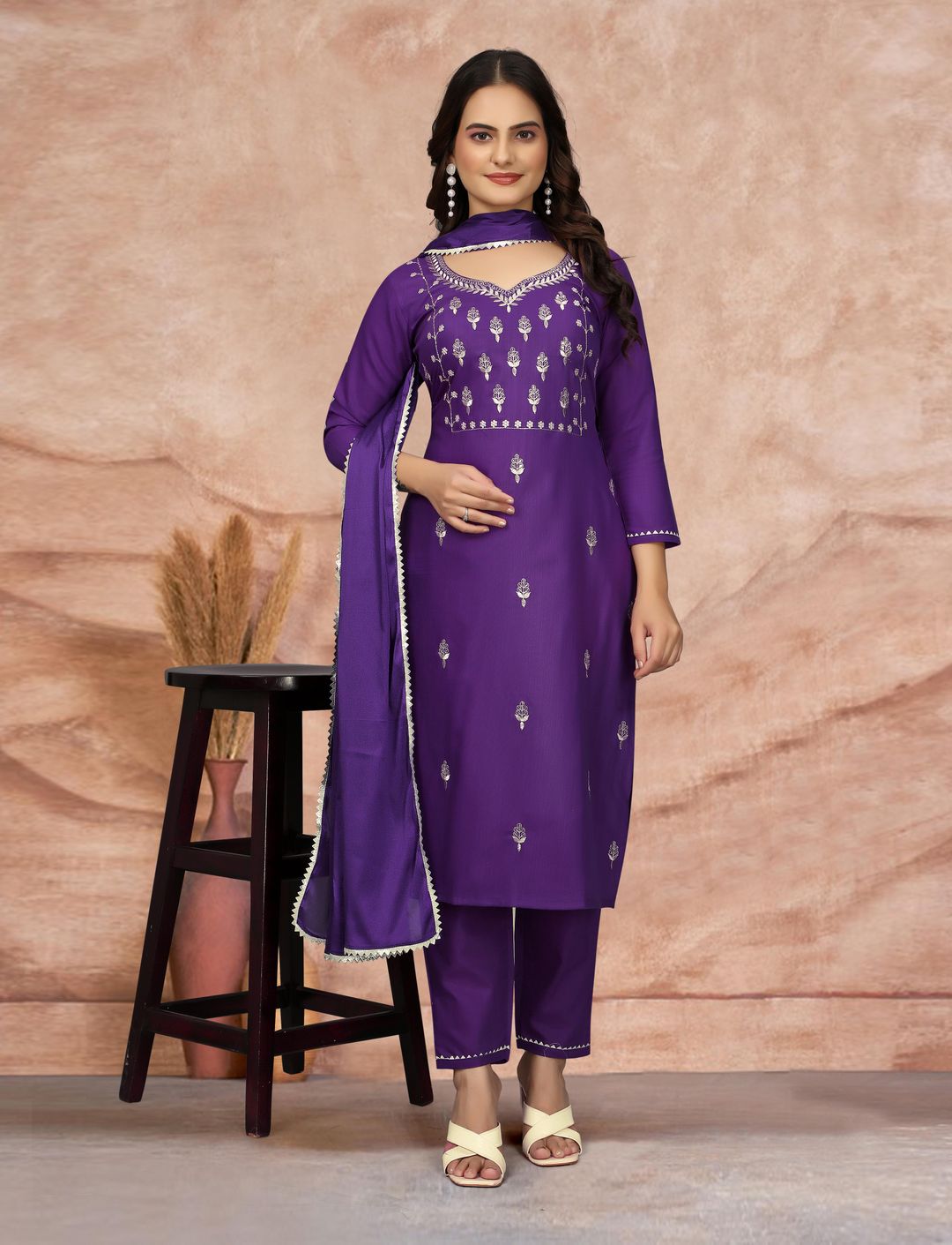 Royal Purple Embroidered Kurta Pant Dupatta Set
