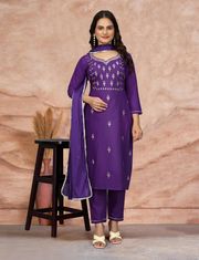 Royal Purple Embroidered Kurta Pant Dupatta Set - Purple