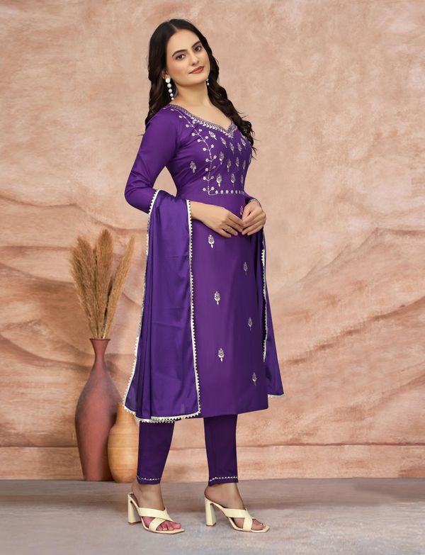 Royal Purple Embroidered Kurta Pant Dupatta Set
