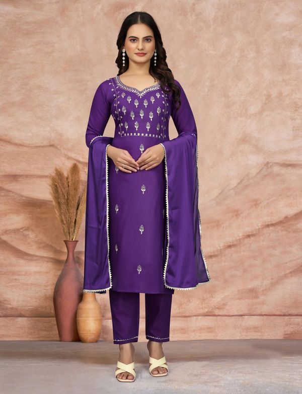 Royal Purple Embroidered Kurta Pant Dupatta Set