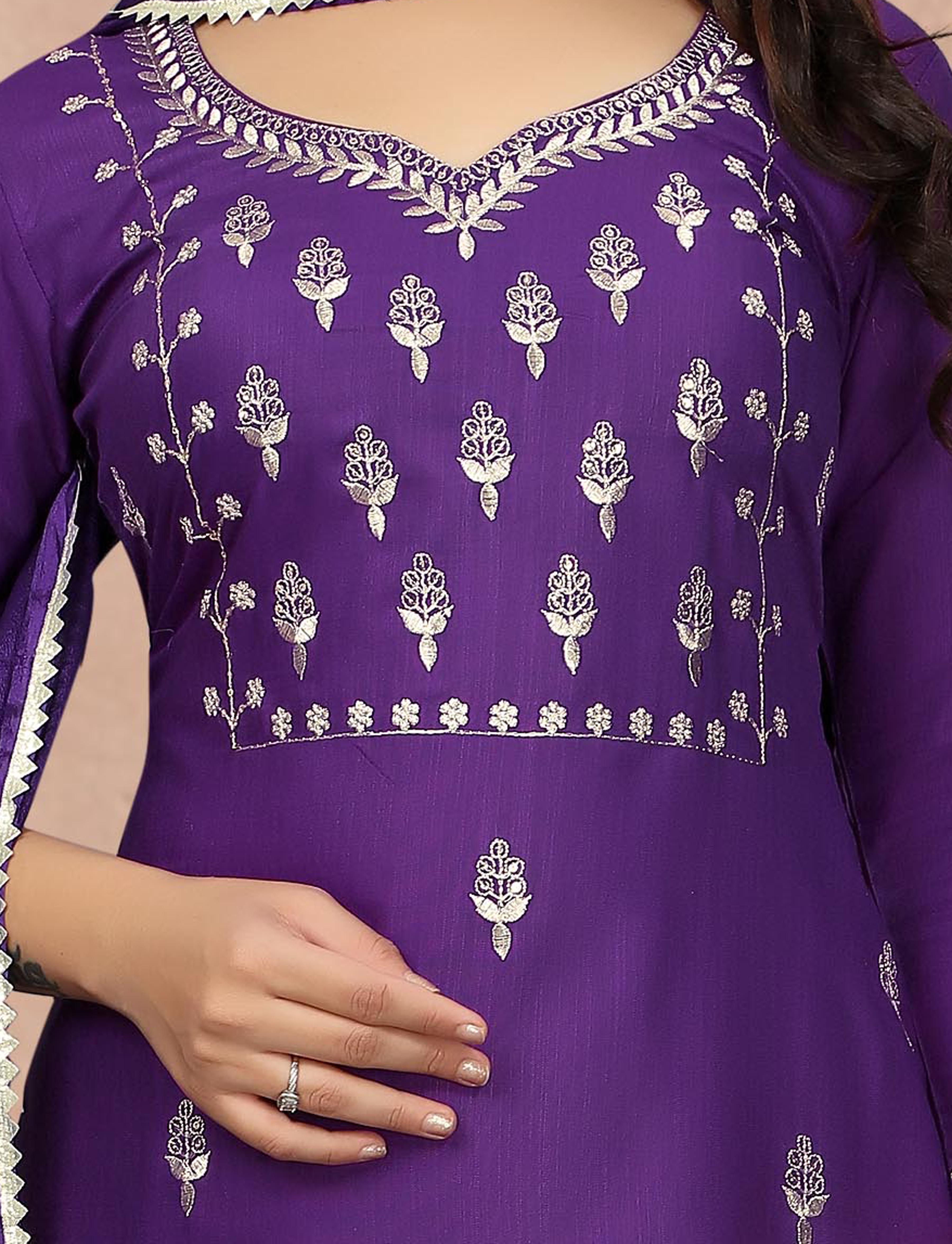 Royal Purple Embroidered Kurta Pant Dupatta Set