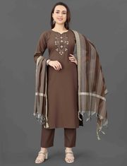 Brown Embroidered Kurta Pant Dupatta Set for Women - Brown