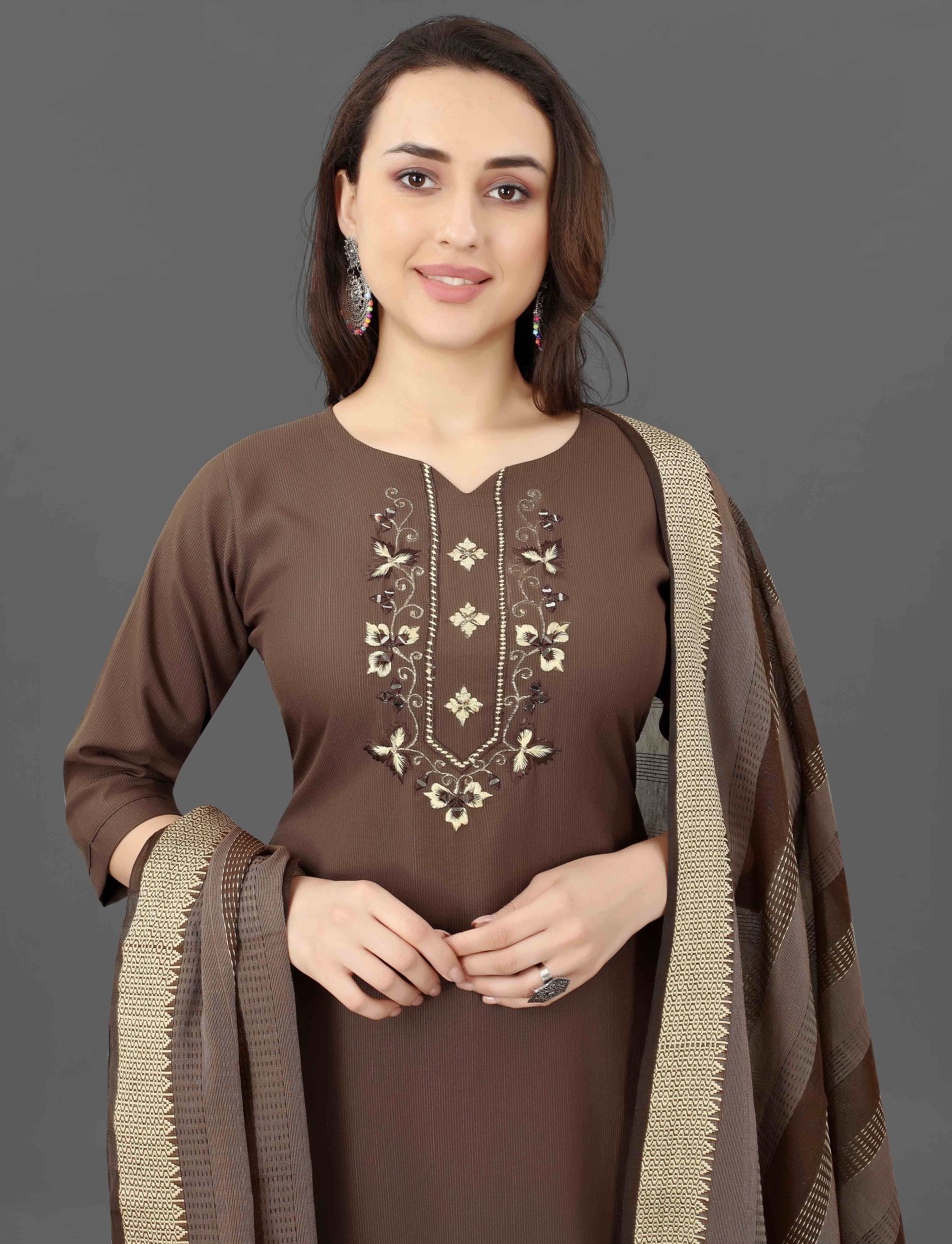 Brown Embroidered Kurta Pant Dupatta Set for Women