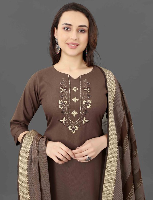 Brown Embroidered Kurta Pant Dupatta Set for Women