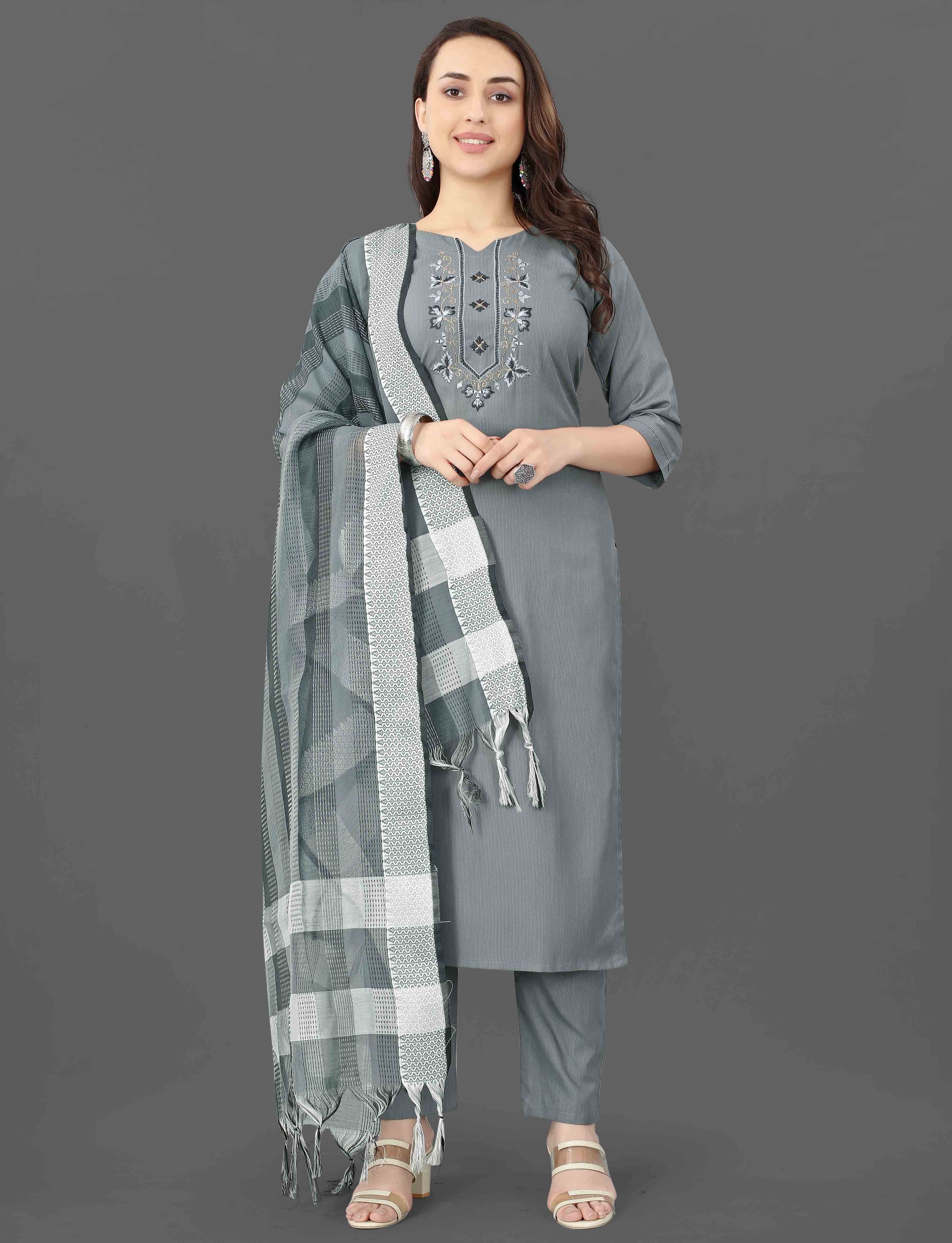 Grey Embroidered Kurta Pant Dupatta Set for Women
