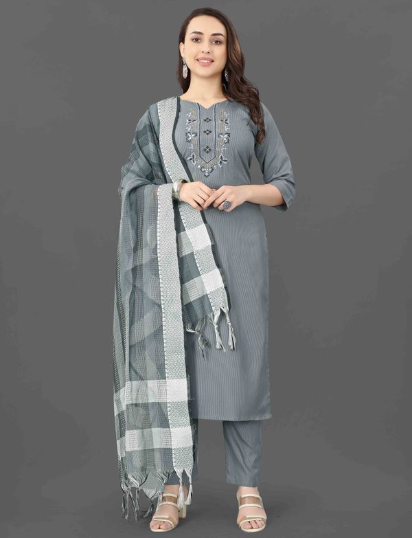 Grey Embroidered Kurta Pant Dupatta Set for Women