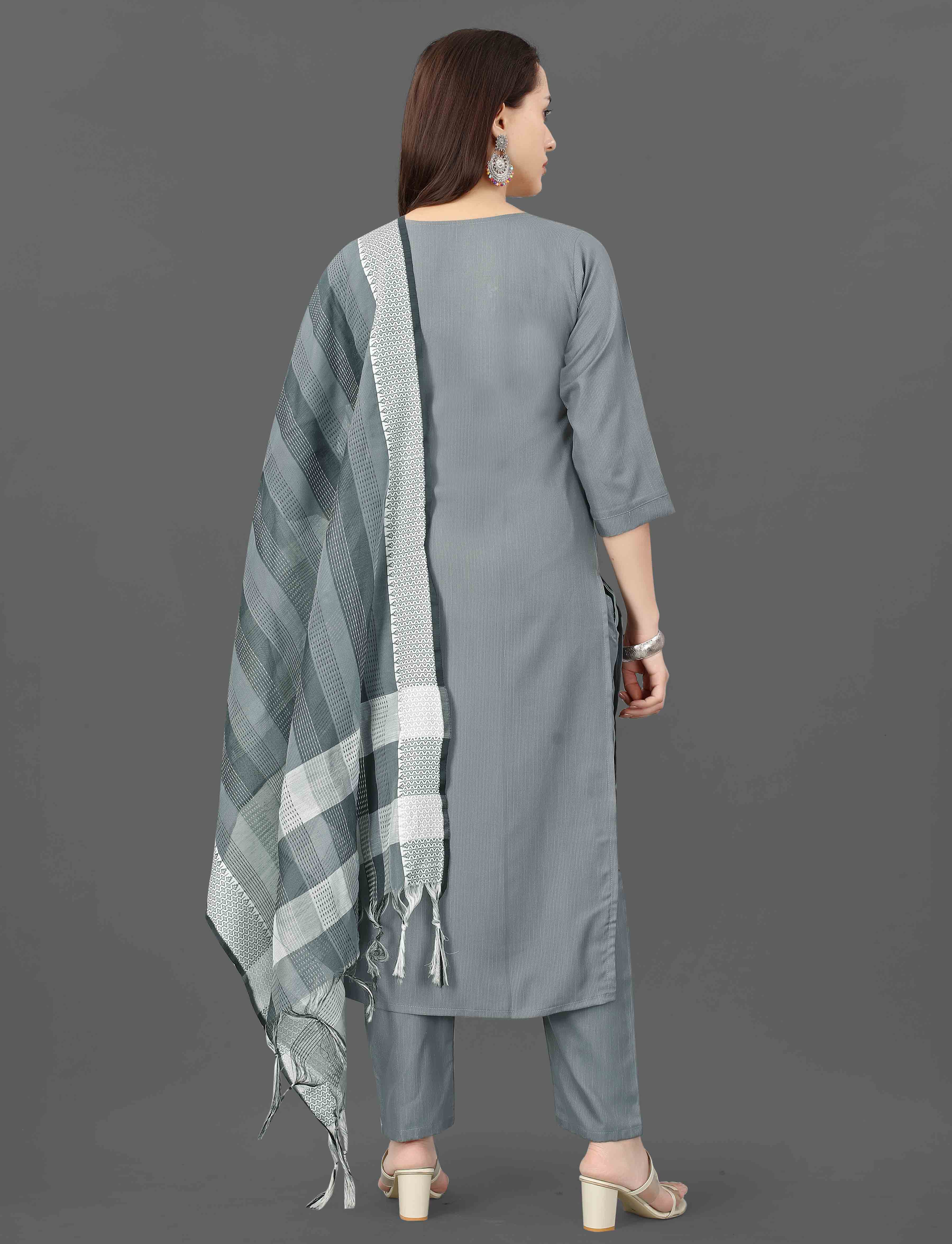 Grey Embroidered Kurta Pant Dupatta Set for Women