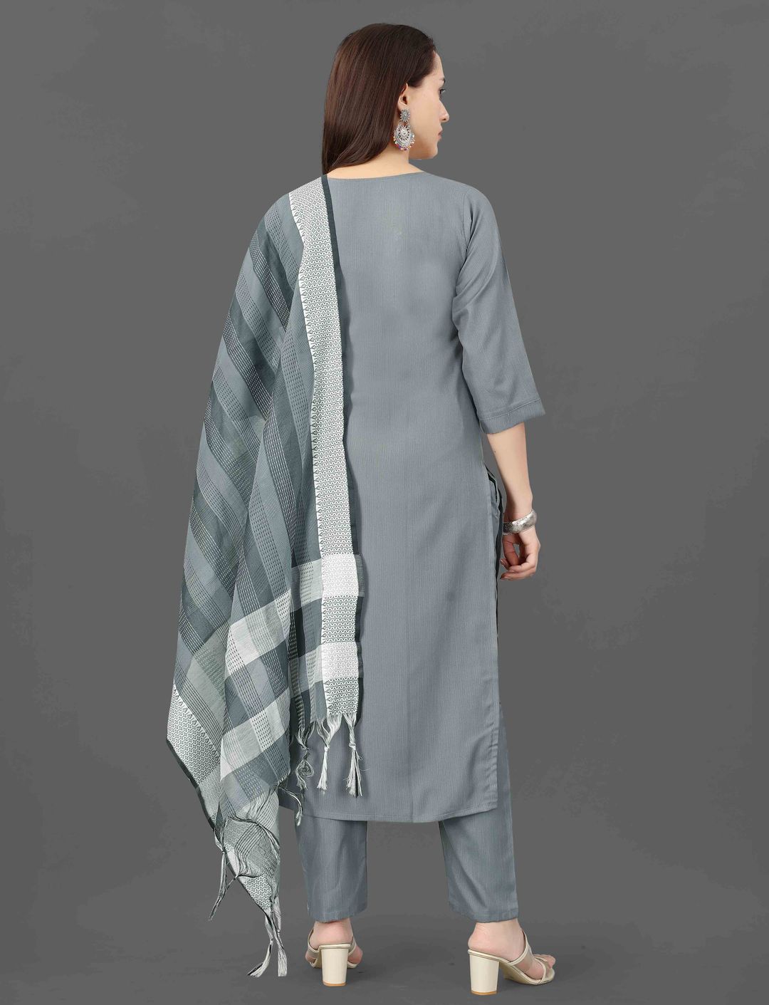 Grey Embroidered Kurta Pant Dupatta Set for Women