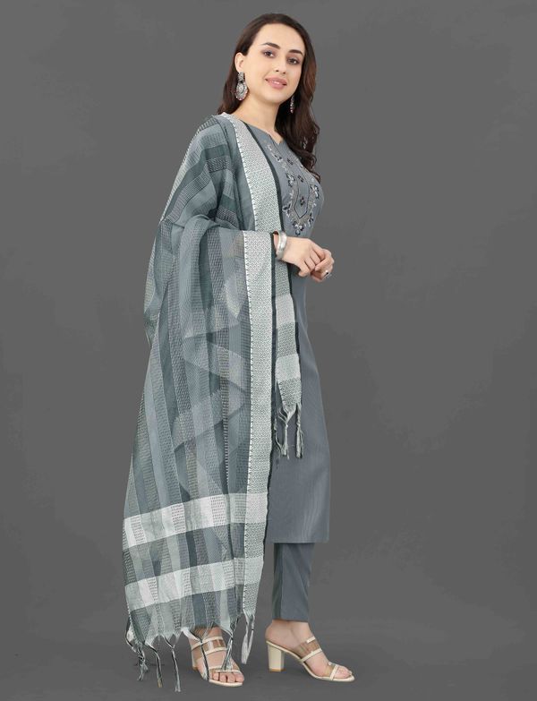 Grey Embroidered Kurta Pant Dupatta Set for Women
