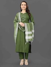 Grey Embroidered Kurta Pant Dupatta Set for Women - Green