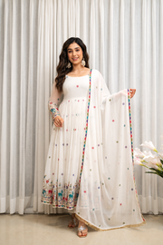 White Embroidered Anarkali Suit Set - White