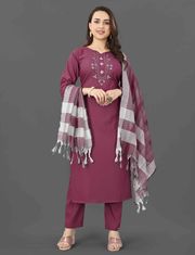 Wine Embroidered Cotton Blend Kurti Pant Dupatta Set - wine