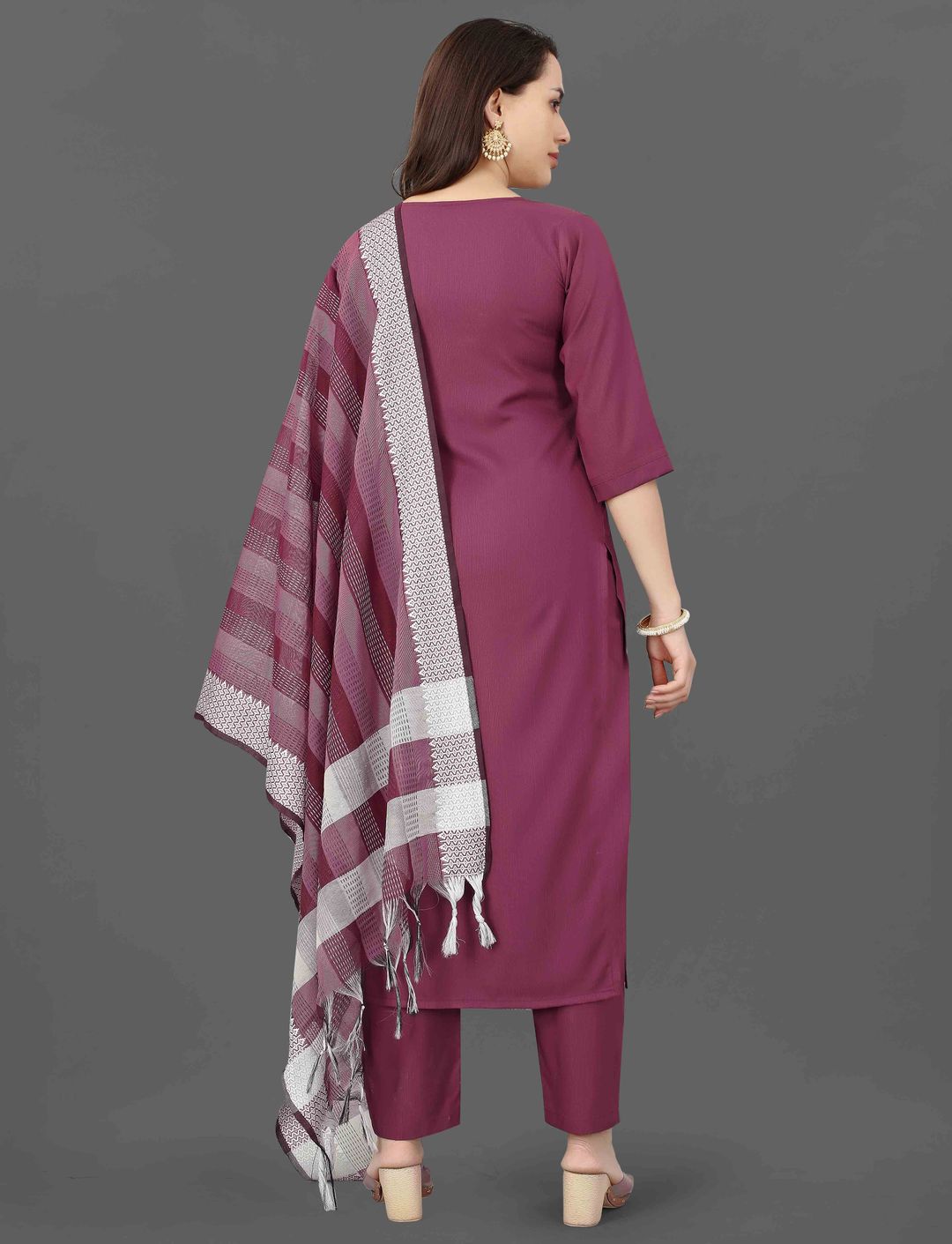 Wine Embroidered Cotton Blend Kurti Pant Dupatta Set