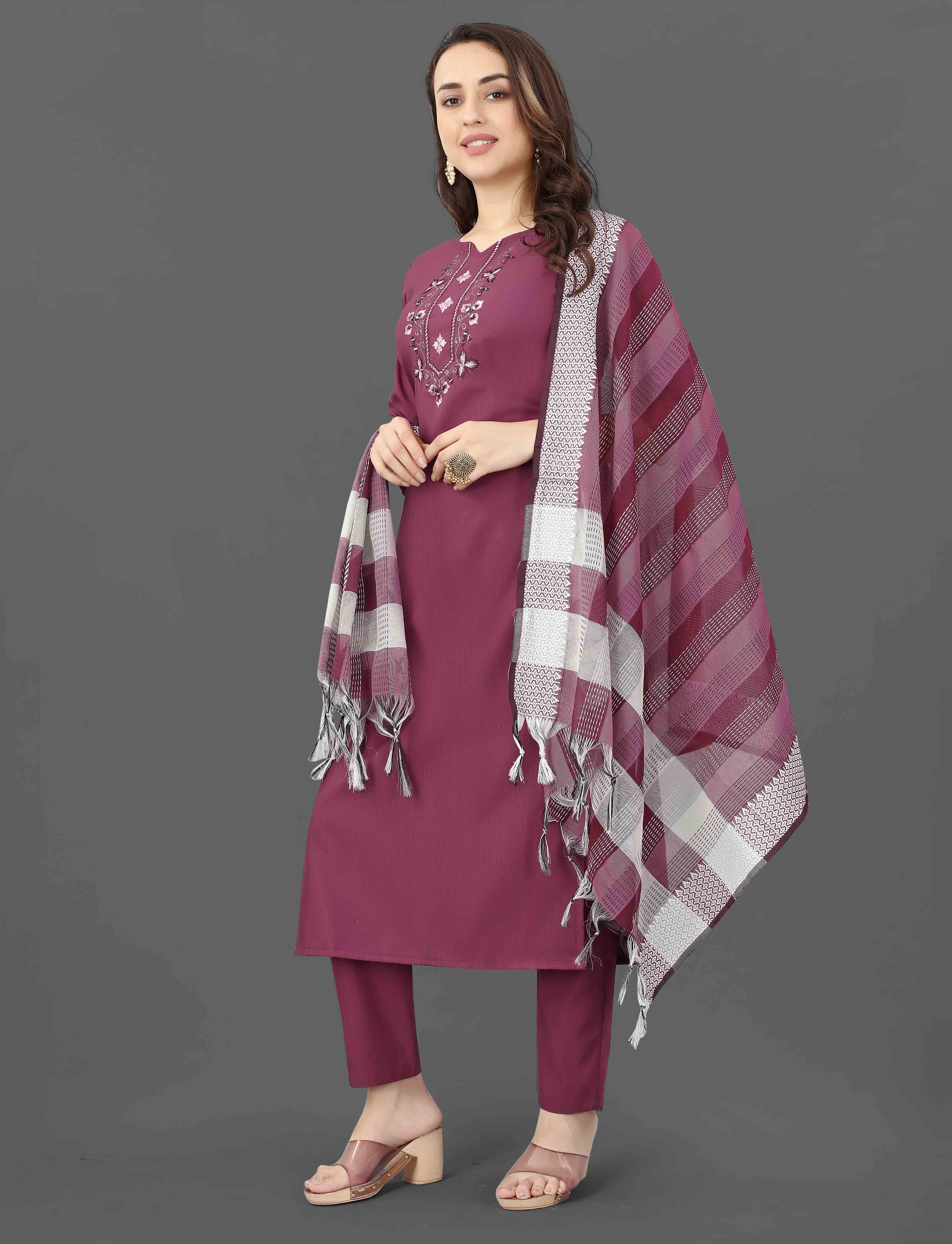 Wine Embroidered Cotton Blend Kurti Pant Dupatta Set