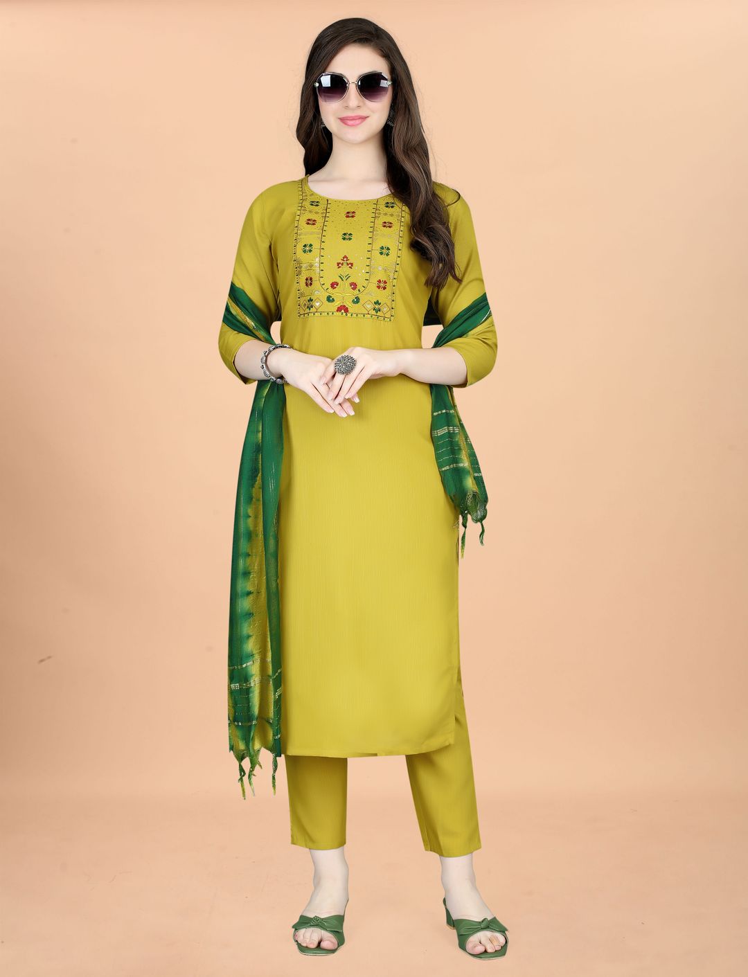 Mustard Embroidered Kurta Pant Dupatta Set for Women