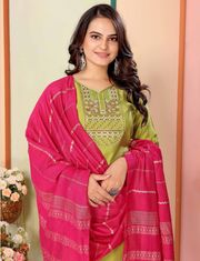 Olive Silk Embroidered Kurta Pant Dupatta Set Women - Olive