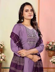 Lavender Silk Embroidered Kurta Pant Dupatta Set - Lavender