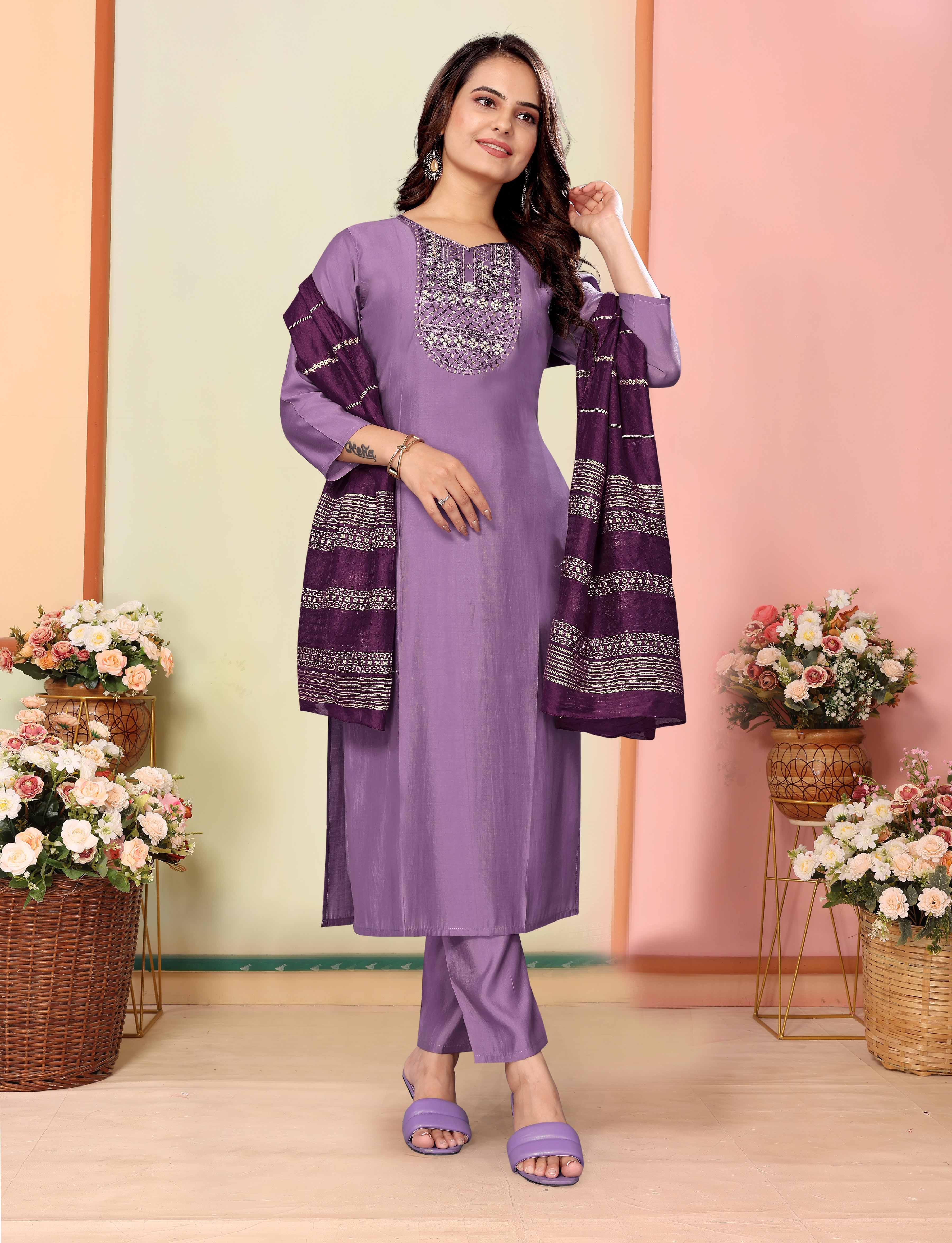 Lavender Silk Embroidered Kurta Pant Dupatta Set