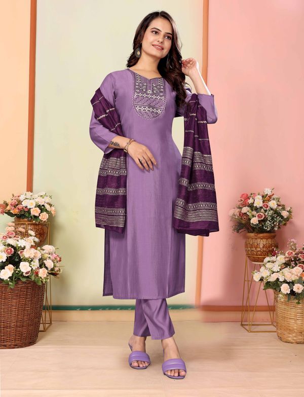 Lavender Silk Embroidered Kurta Pant Dupatta Set