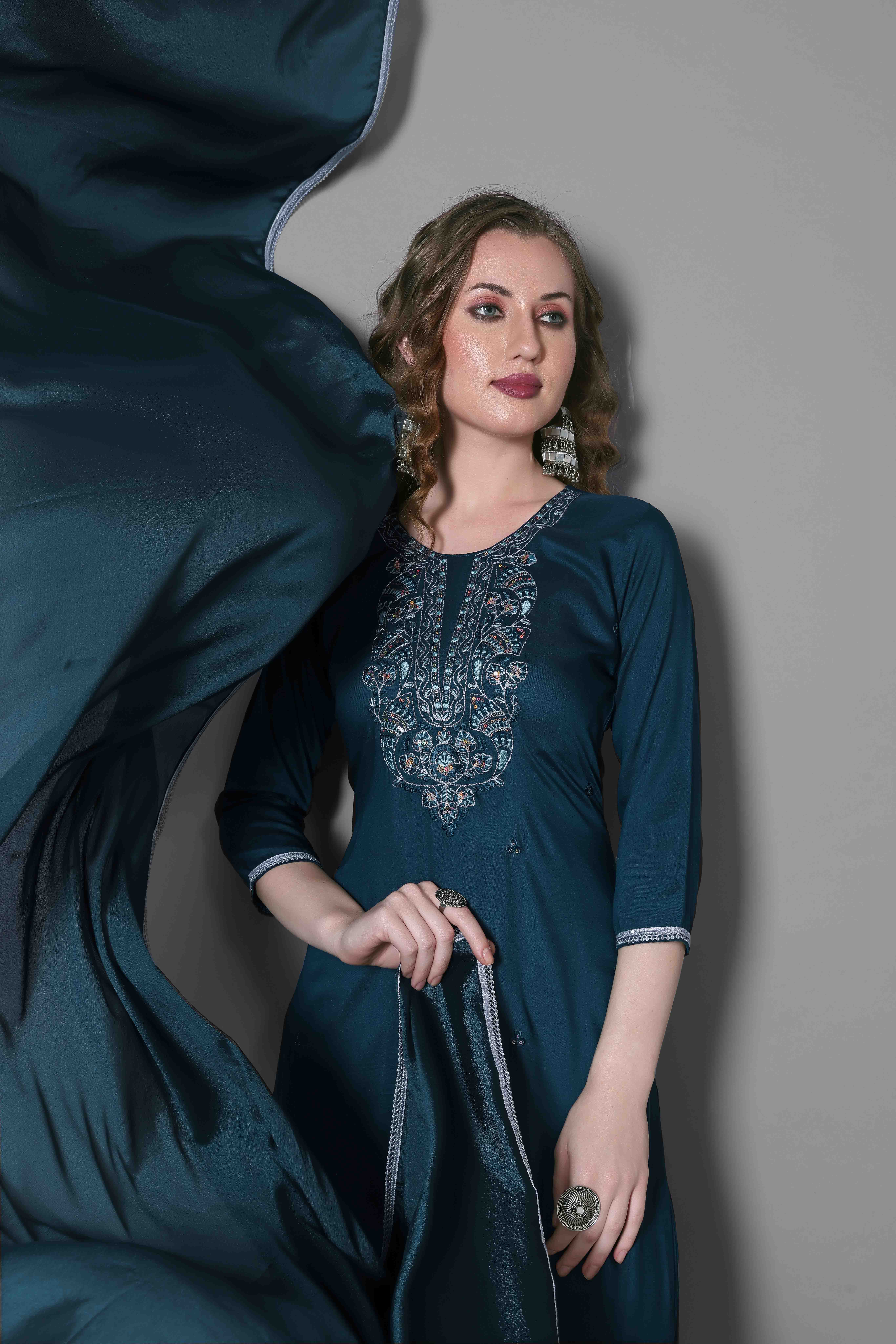 Teal Blue Embroidered Silk Blend Kurta Dupatta Set
