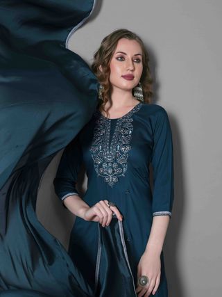 Teal Blue Embroidered Silk Blend Kurta Dupatta Set
