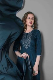 Teal Blue Embroidered Silk Blend Kurta Dupatta Set - Teal