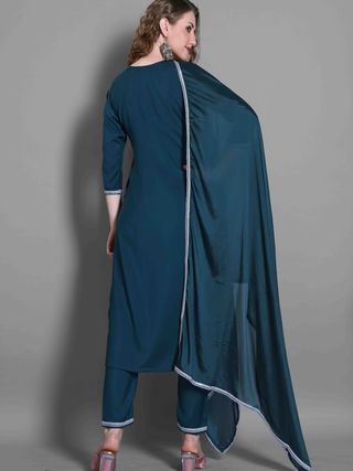 Teal Blue Embroidered Silk Blend Kurta Dupatta Set
