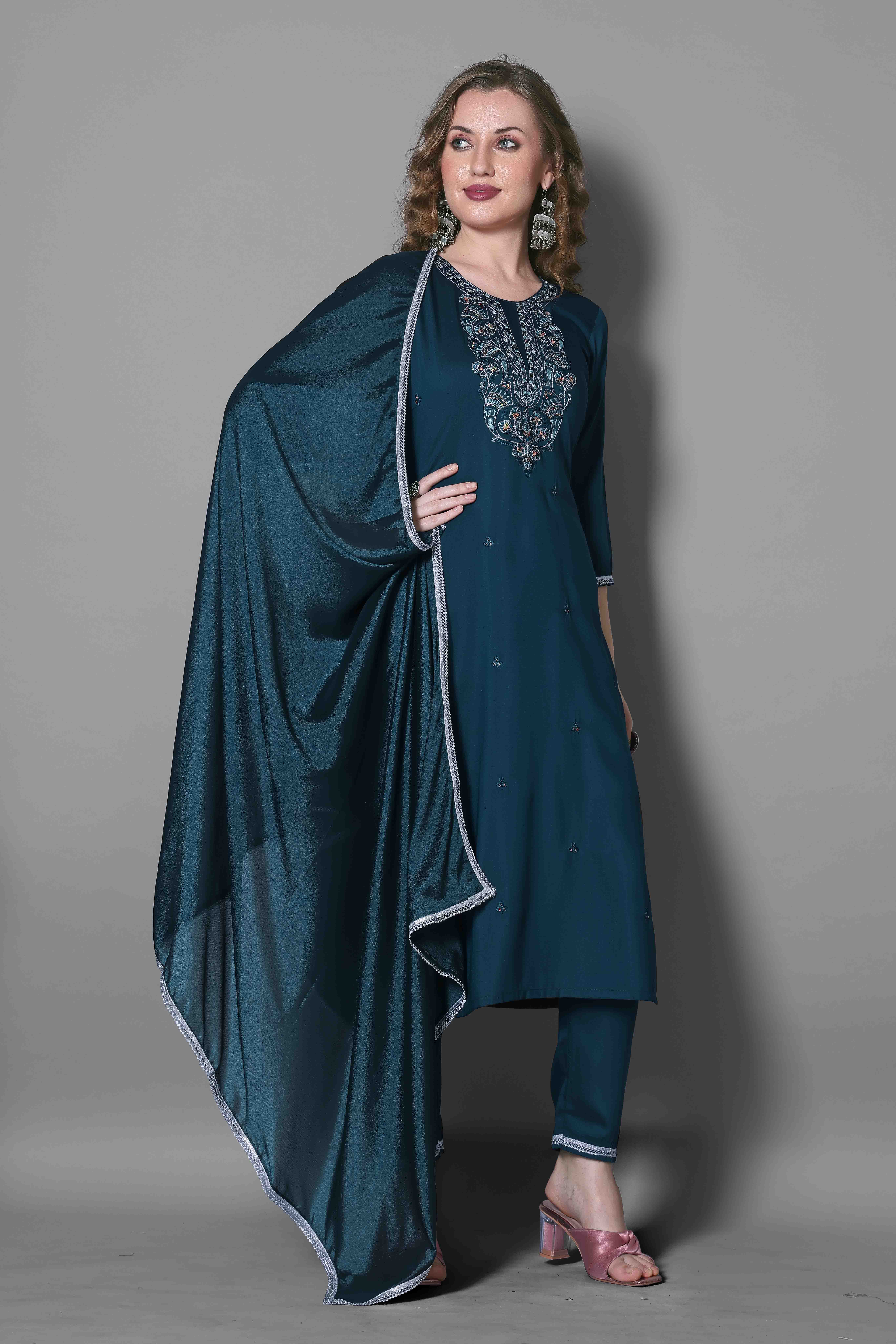 Teal Blue Embroidered Silk Blend Kurta Dupatta Set