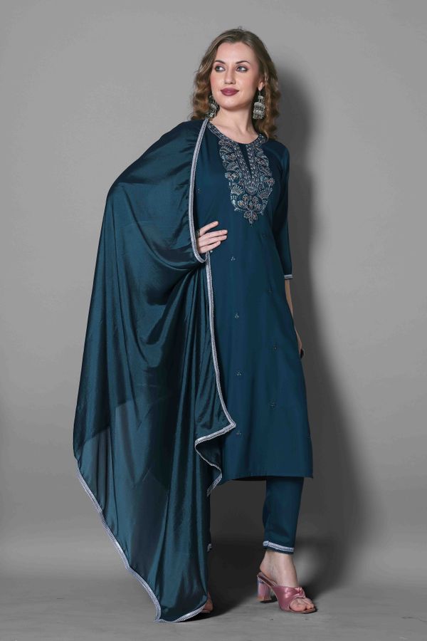 Teal Blue Embroidered Silk Blend Kurta Dupatta Set
