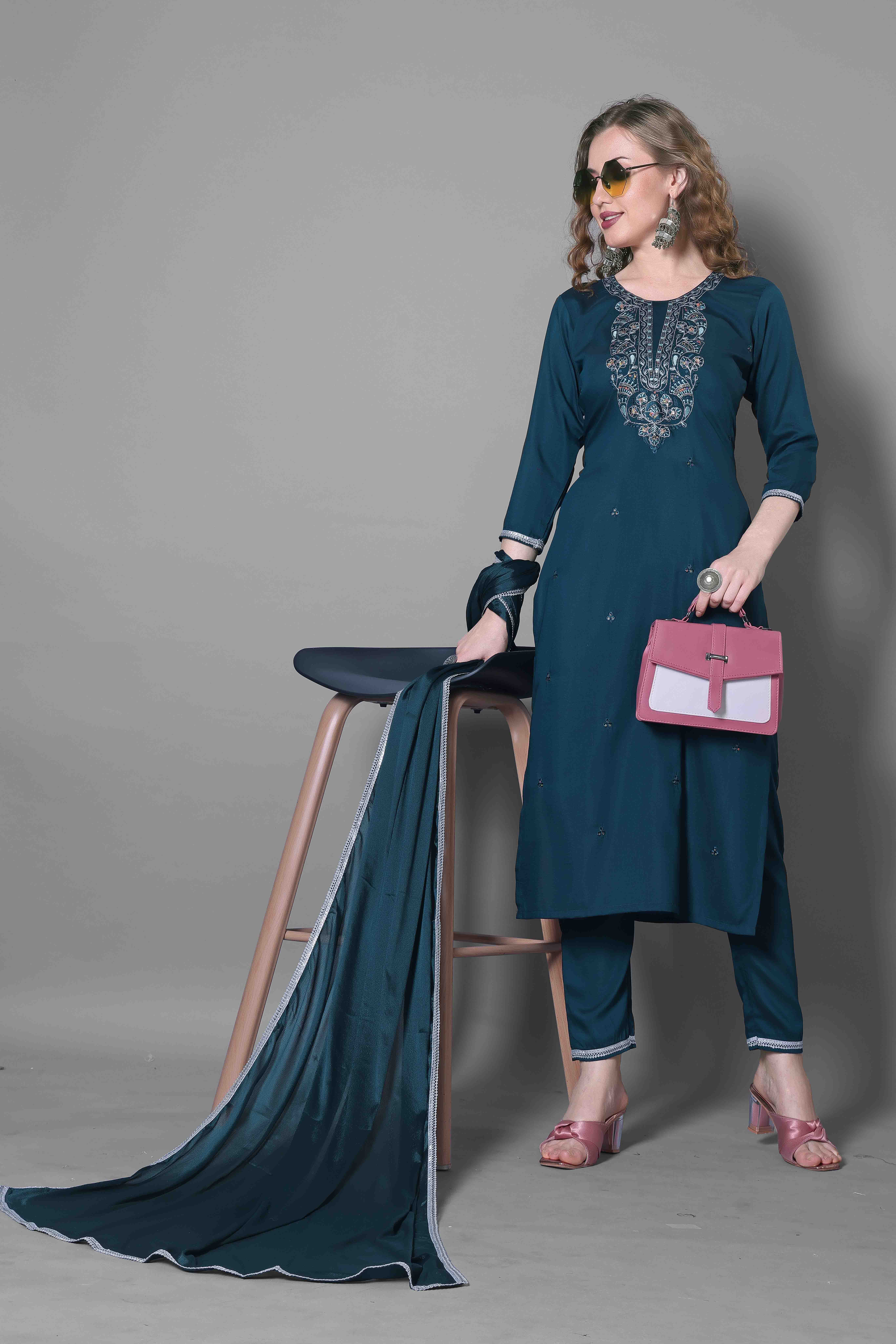 Teal Blue Embroidered Silk Blend Kurta Dupatta Set