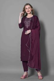 Wine Embroidered Silk Blend Kurta Dupatta Set Women - wine