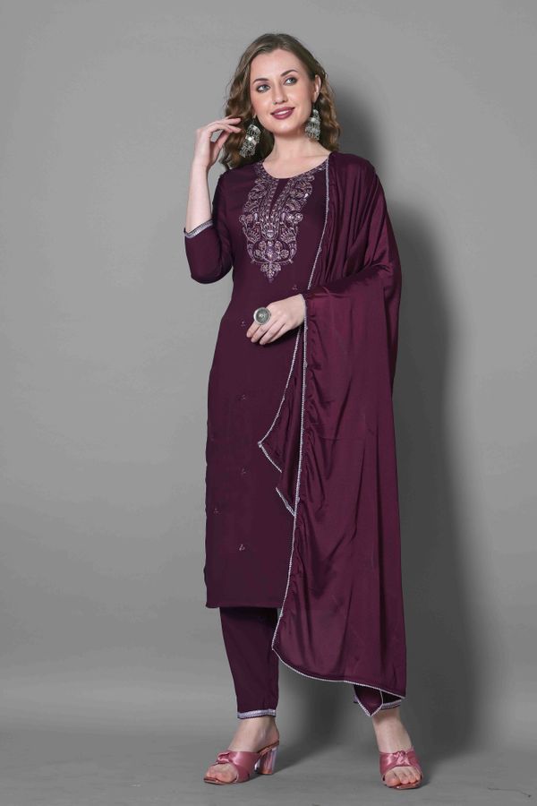 Wine Embroidered Silk Blend Kurta Dupatta Set Women
