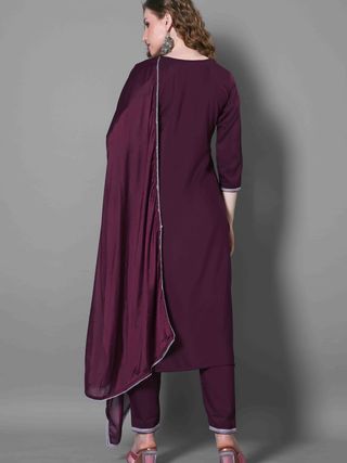 Wine Embroidered Silk Blend Kurta Dupatta Set Women