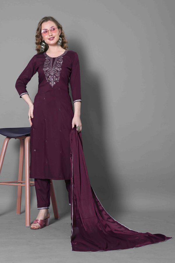 Wine Embroidered Silk Blend Kurta Dupatta Set Women