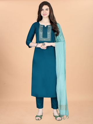 Teal Embroidered Cotton Blend Kurta Dupatta Set Women