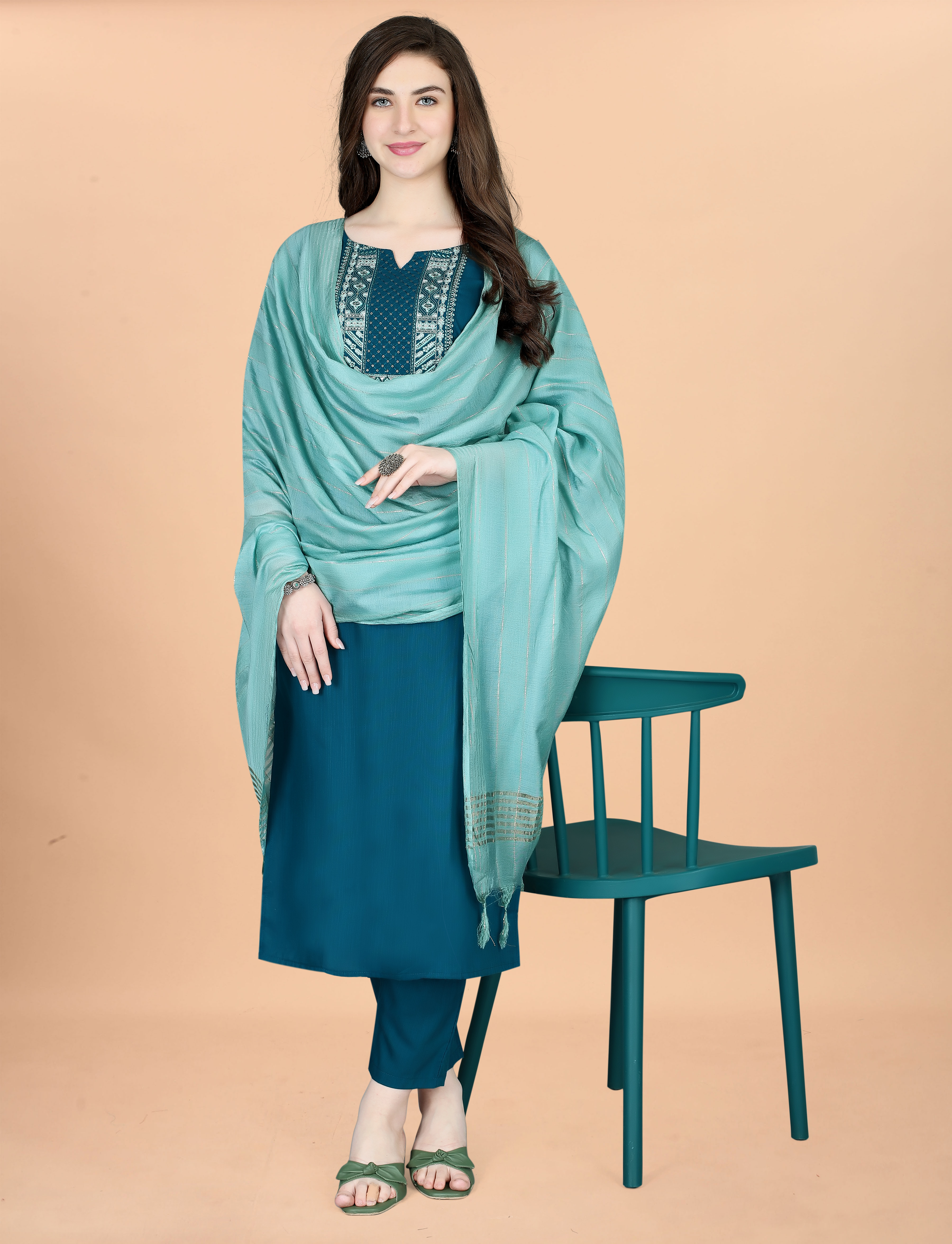 Teal Embroidered Cotton Blend Kurta Dupatta Set Women