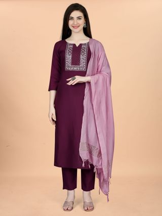 Wine Embroidered Cotton Blend Kurta Pant Dupatta Set