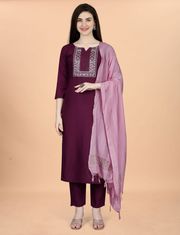 Wine Embroidered Cotton Blend Kurta Pant Dupatta Set - wine