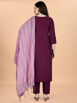 Wine Embroidered Cotton Blend Kurta Pant Dupatta Set