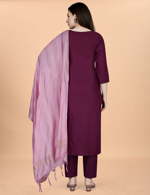 Wine Embroidered Cotton Blend Kurta Pant Dupatta Set