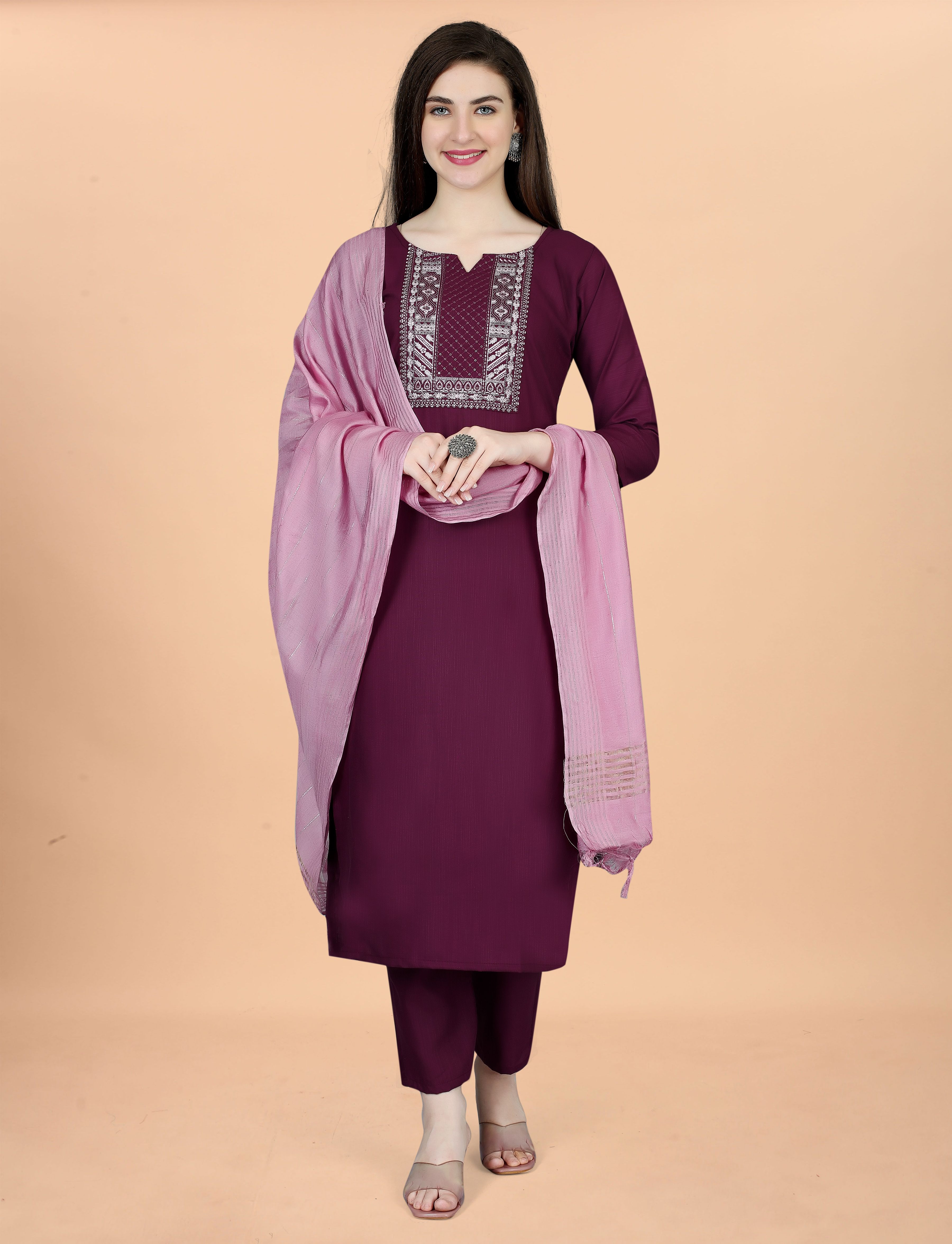 Wine Embroidered Cotton Blend Kurta Pant Dupatta Set