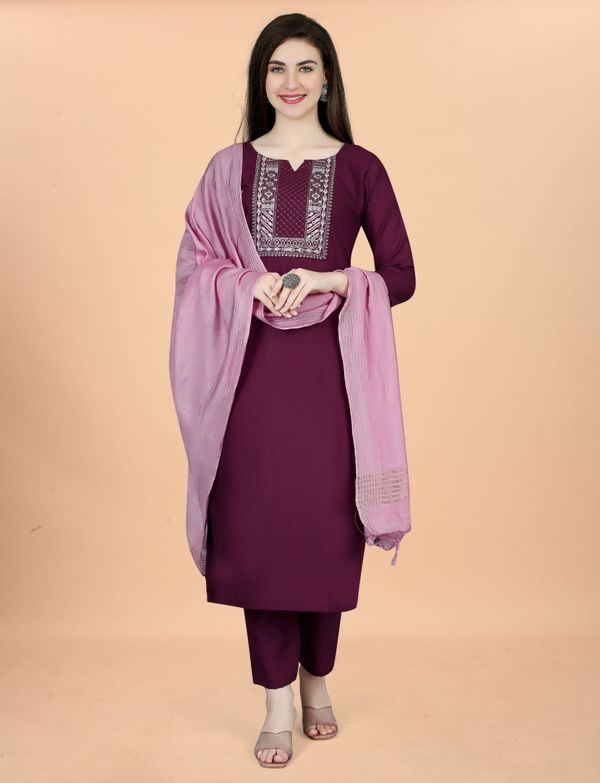Wine Embroidered Cotton Blend Kurta Pant Dupatta Set