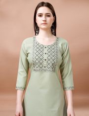 Sage Green Embroidered Cotton Kurta Pant Dupatta Set - Green