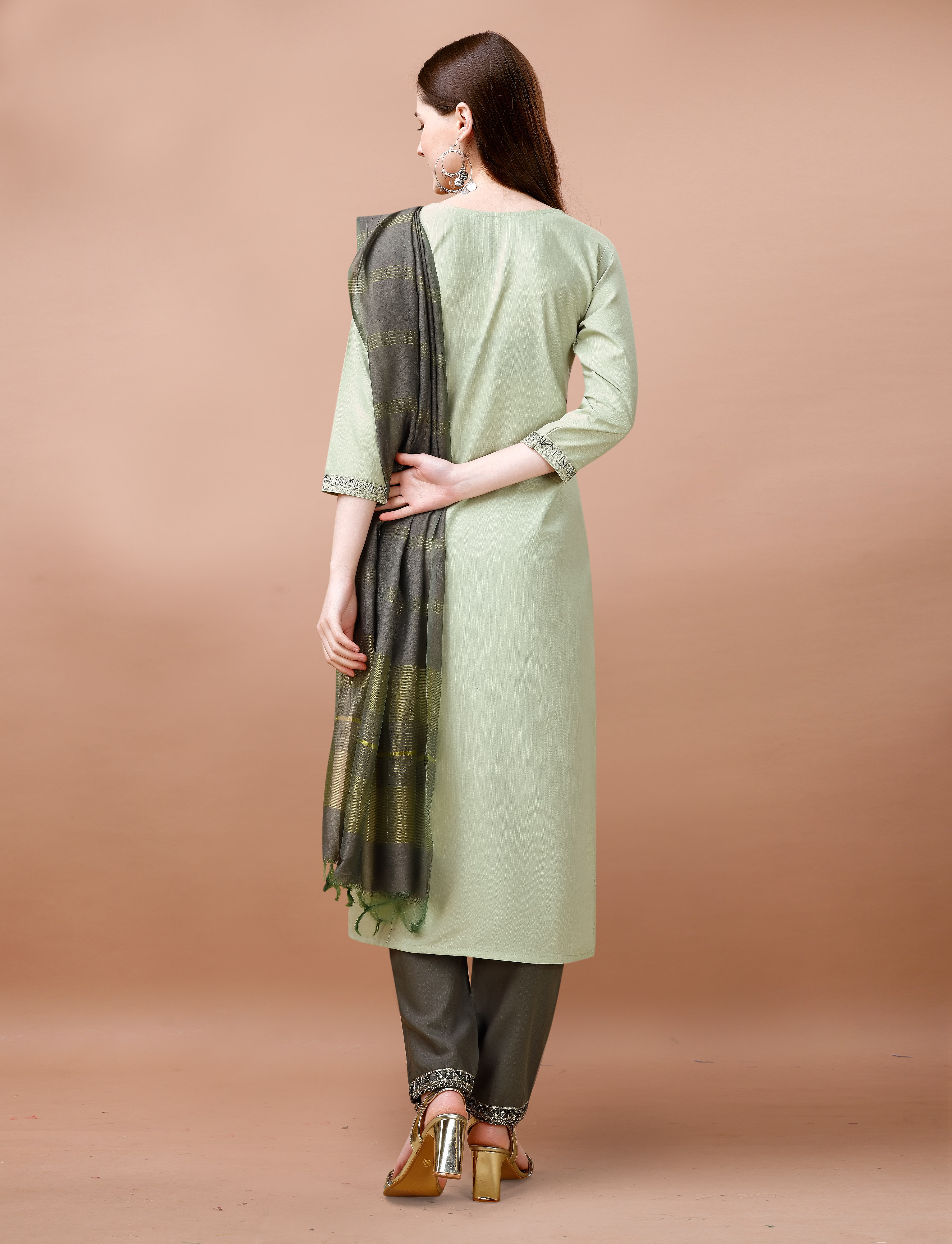 Sage Green Embroidered Cotton Kurta Pant Dupatta Set