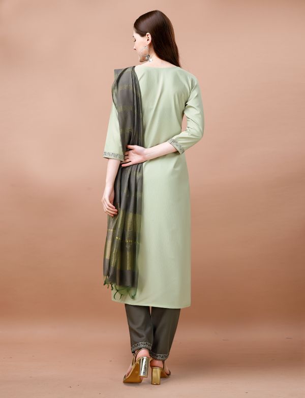 Sage Green Embroidered Cotton Kurta Pant Dupatta Set