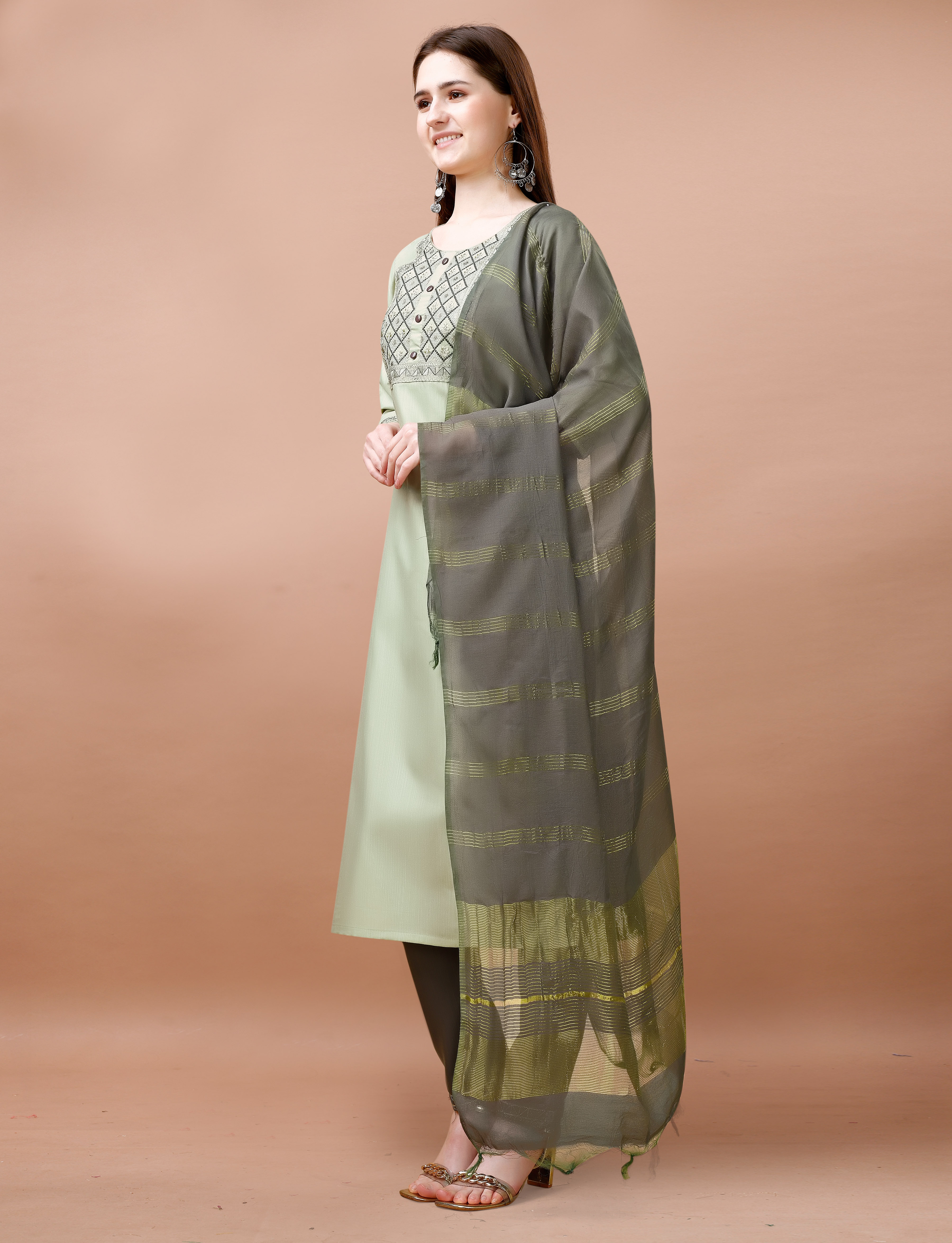 Sage Green Embroidered Cotton Kurta Pant Dupatta Set